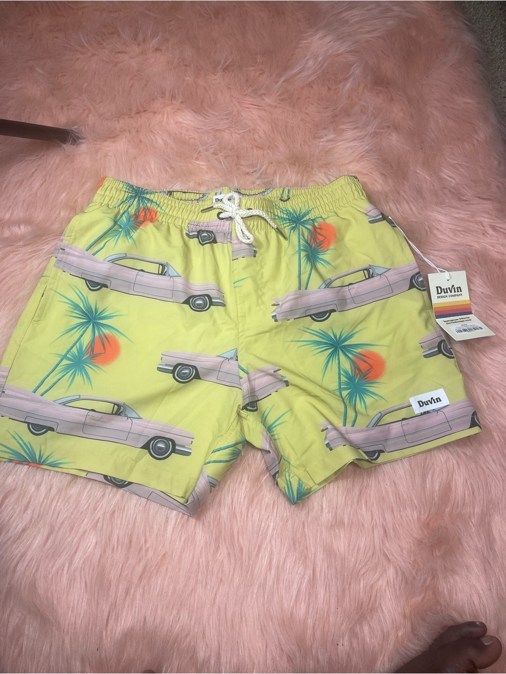 Duvin Men’s Yellow Palm & Classic Car Swim Trunks
